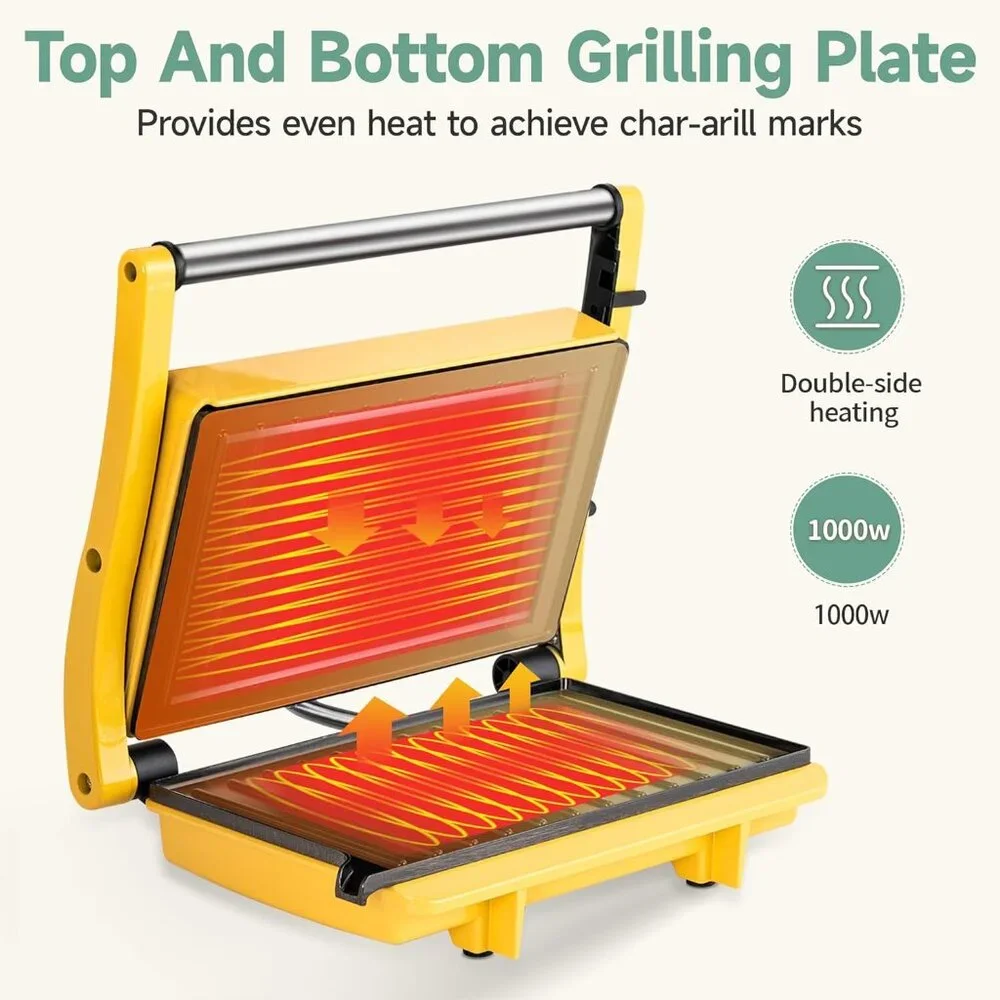 Panini Press Grill - Sandwich Maker with Non-Stick Cooking Plate Yellow